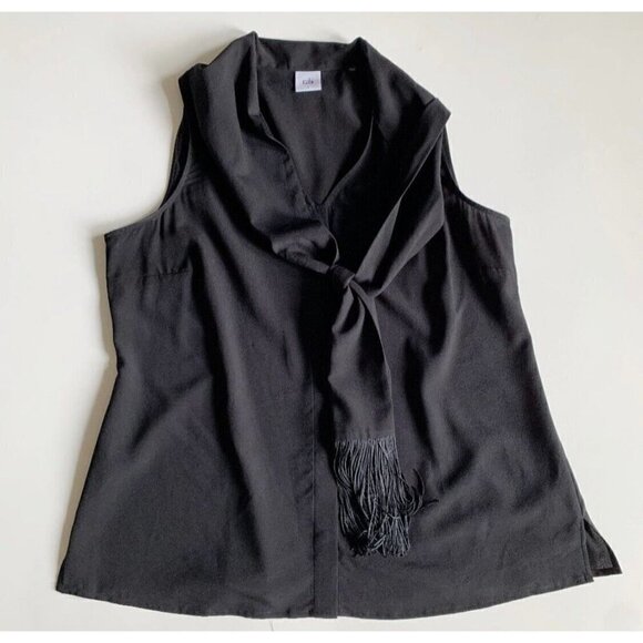 Cabi Sz M Black Fringed Tie Neck Shawl Scarf Sleeveless Tank Top Button Up - Picture 7 of 16